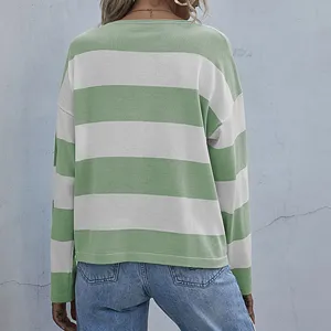 Back view of a women casual loose green and white striped pullover knit sweater