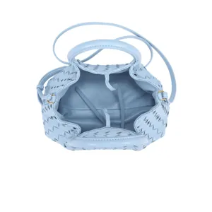Light blue woven leather tote bag stylish fashion luxury designer handbag with shoulder strap.