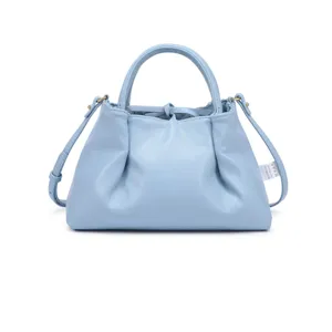 Light blue ruched handbag detail, soft material close-up, top handle and strap craftsmanship.