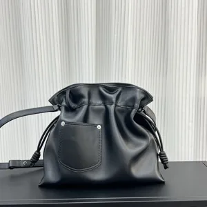 Bolso de cubo de cuero suave negro con cordón, elegante bolso de hombro estilo nube chic