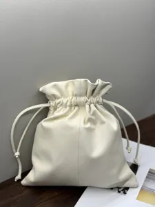 White leather drawstring bucket bag, minimalist cloud pouch, large capacity stylish handbag.