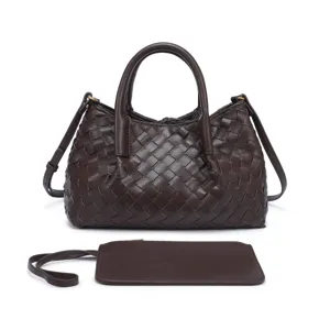Dark brown woven leather shoulder handbag detail showing intricate craftsmanship and matching pouch.