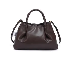 Detailed view of the dark brown pleated leather handbag featuring dual handles and strap.
