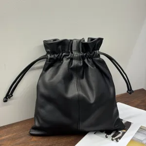 Women Genuine Leather Bucket Bag Vintage Solid Color Pleated Drawstring Shoulder Bag Casual Fashion Handbag
