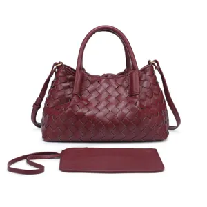 Burgundy woven leather handbag detail, intricate intrecciato pattern with shoulder strap.