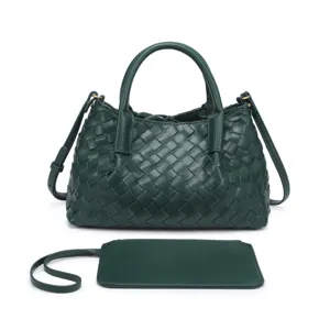 Dark green woven leather detail view, showing intricate intrecciato texture and matching pouch.