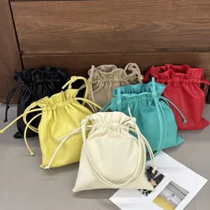 Women's genuine leather drawstring pouch bag soft cloud handbag minimalist dumpling crossbody bag