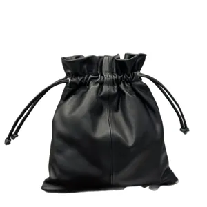Black genuine leather drawstring pouch bag, stylish minimalist cloud bucket bag for women daily.