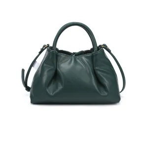 Dark green leather handbag, elegant pleated design with top handle and shoulder strap.
