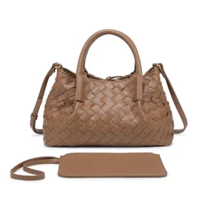 Detailed view of a stylish brown leather woven tote bag with top handles and matching pouch.