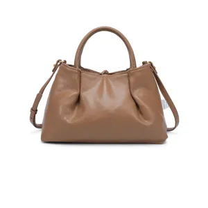 Brown PU leather shoulder bag detail showcasing elegant pleated design and sturdy dual handles.