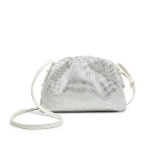 Sparkling rhinestone pleated cloud bag with elegant white strap for women evening party.