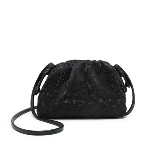 Detailed view of the black rhinestone gathered clutch bag with leather strap for women elegant.