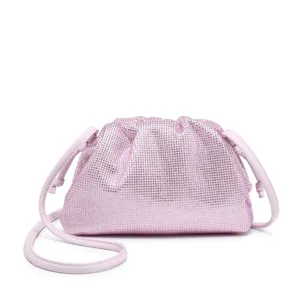 Pink rhinestone cloud evening bag, elegant pleated design with shoulder strap for women.