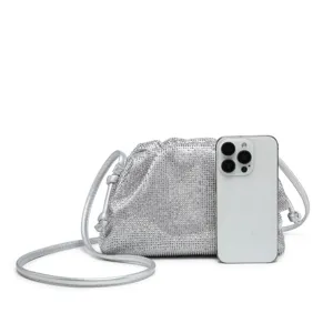 Silver rhinestone cloud clutch bag with thin strap, elegant evening shoulder crossbody bag.