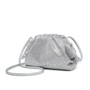 Silver rhinestone pleated pouch bag with slim strap, elegant evening crossbody design.