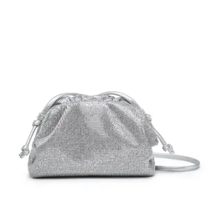 Silver rhinestone cloud bag for women, elegant sparkling evening clutch with strap.