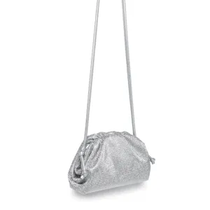 Silver rhinestone pleated cloud bag for women, elegant evening shoulder and crossbody bag.