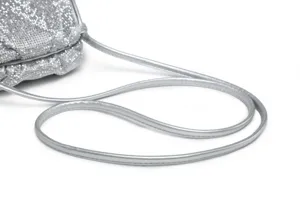 Silver metallic mesh evening clutch bag with elegant pleated design and thin shoulder strap