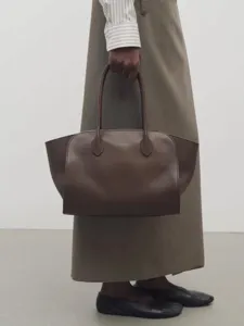 Women Large Capacity Genuine Leather Tote Bag Retro Commuting Shoulder Handbag Solid Color Stitching