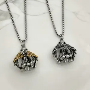 Gothic demon angel pendant necklace for men and women, cool punk sweater chain jewelry accessory.
