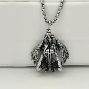 Vintage silver demon angel pendant necklace Gothic anime style metal jewelry for unisex