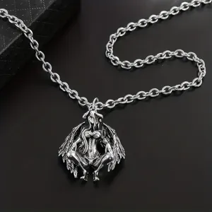 Detailed view of the gothic demon angel pendant necklace with silver chain for trendy style.