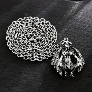 Gothic demon angel pendant necklace, detailed silver metal sweater chain for unique style.