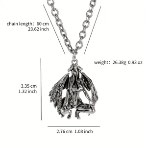 Anime demon angel pendant necklace with thick chain, detailed metal gothic jewelry accessory.