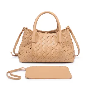 Woven leather handbag detail, premium intrecciato texture, elegant beige tote bag craft.