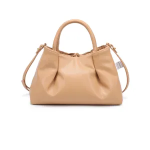 Beige pleated faux leather handbag with top handles and strap, elegant daily tote bag.