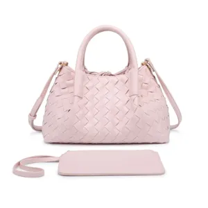 Pink woven leather tote bag with top handles, stylish double-sided casual handbag for women.