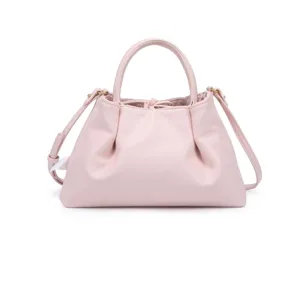 Detailed view of the stylish pink leather handbag featuring soft ruched design and chic strap.