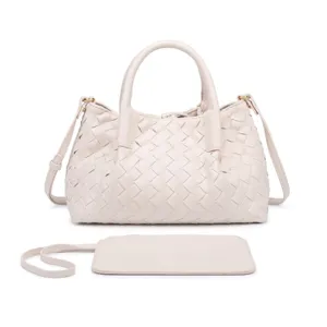 Elegant beige woven leather tote bag with top handles, shoulder strap and matching pouch.