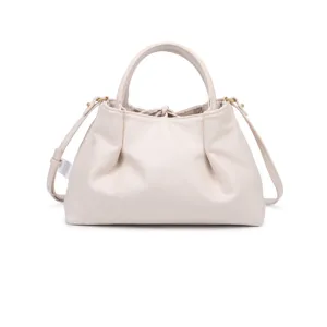 Detail view of light beige leather pleated handbag with metal hardware and top handles.