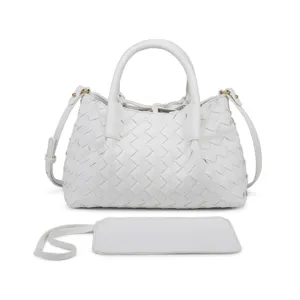 White woven leather tote bag with top handle and matching pouch for women daily casual style.