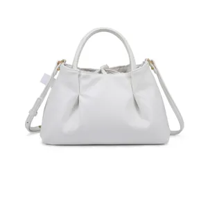White pleated leather handbag, chic shoulder crossbody bag with elegant top handle.