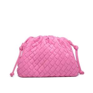 Pink Woven Cloud Clutch Bag Soft Leather Dumpling Handbag Large Capacity Crossbody Purse