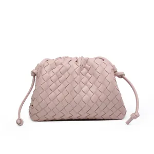 Pink Woven Leather Cloud Clutch Bag, Soft Pouch Handbag for Women, Elegant Dumpling Purse