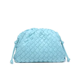 Light blue woven leather pouch clutch bag, stylish soft cloud bag with drawstring details.