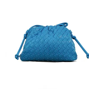 Blue woven leather pouch bag stylish clutch large capacity chic shoulder handbag for women