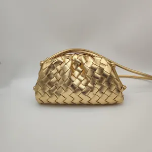 Gold woven clutch bag, soft leather pouch handbag with strap, stylish large capacity purse.