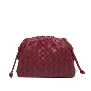 Burgundy Woven Leather Pouch Bag Large Capacity Soft Clutch Trendy Dumpling Handbag