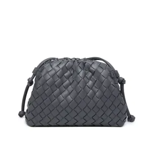 Dark grey woven leather pouch bag, trendy large capacity clutch bag for women daily fashion.
