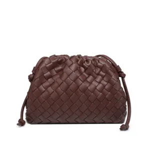 Brown woven leather clutch bag, large capacity soft pouch handbag for women stylish.