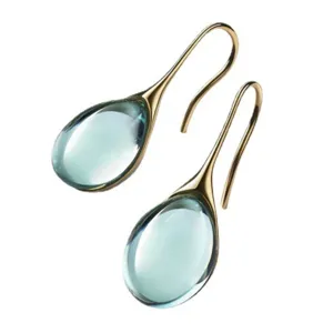 Close-up of elegant teardrop light blue gemstone earrings with polished gold hooks.