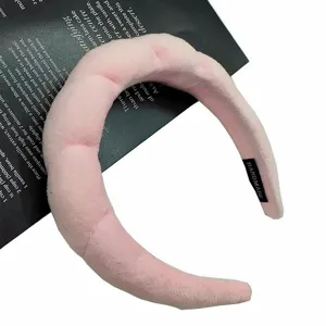 Pink plush sponge headband, wide fluffy hair hoop for face washing and daily makeup wear.