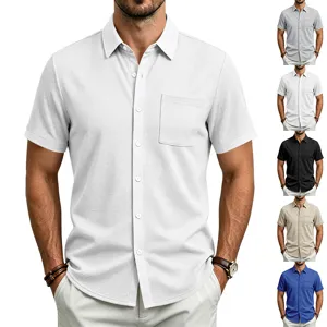 Men's casual short sleeve waffle button down shirt with chest pocket solid color summer top