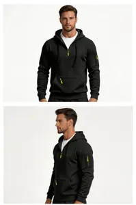 Felpa con cappuccio nera da uomo in pile con mezza zip e tasche, pullover sportivo casual.