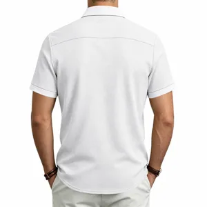 Heren casual wafel korte mouw shirt achteraanzicht, comfortabele witte zomer outdoor top.